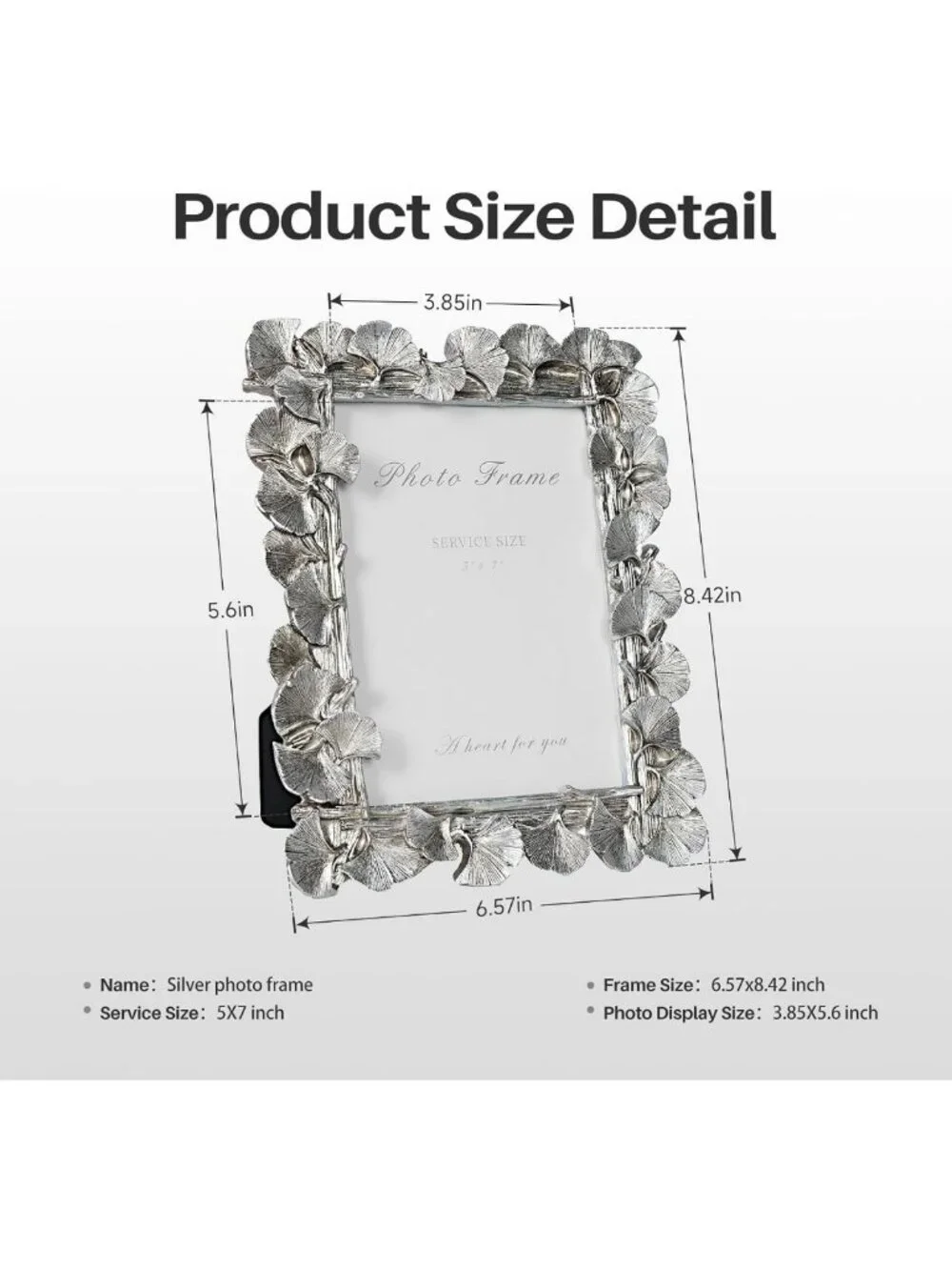 Vintage Silver 5x7 Picture Frame, Ornate Leaf Design, Handcrafted Resin, Retro